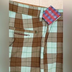 NWT Rosasen golf pants, size 34, sky blue w/brown & mint green stripes.